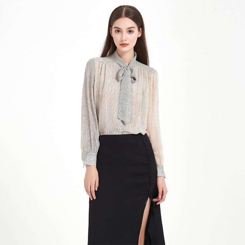 Femme  Blouse À Pois En Chiffon De Soie Avec Lavallière  | Tops & Chemises Femme ECRU