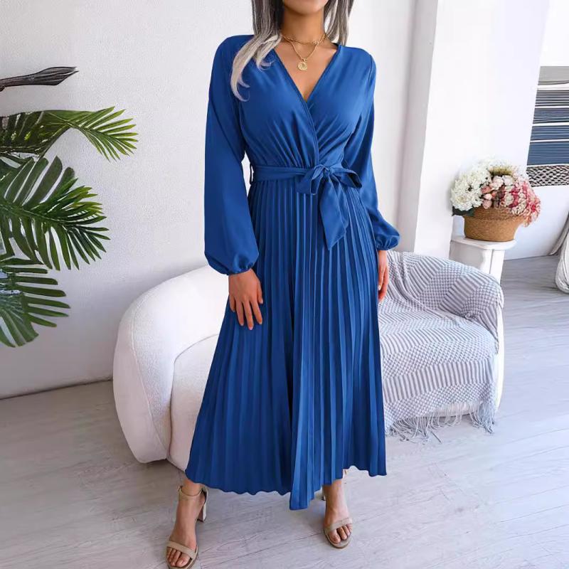 Femme  Robe Midi Satinée Plissée  | Robes Femme Bleu Petrole