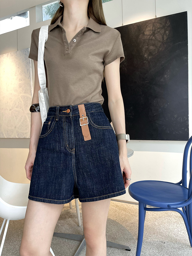 Femme  Short En Jean Détails En Cuir  | Jupes & Shorts Femme Bleu